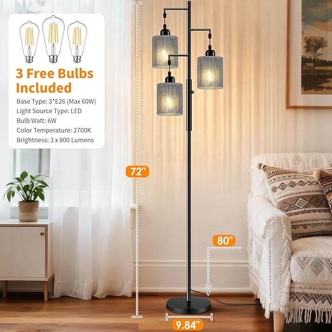 Hotsonic 72" Rattan Boho Floor Lamp, Tall Dimmable Standing Lamp with Handcrafted Gray Shade, Industrial Tree Floor Lamps for Living Room, Bedroom, Study Room, Office(3x800LM LED Bulbs Included)-Black
