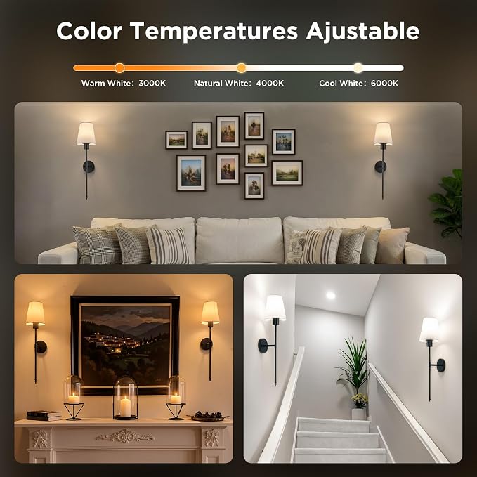 Brightown Battery Operated Wall Sconces Set of 2,Black Sconces Wall Decor | RGBWW Rechargeable Wall Lights with Dimmable Magnetic Bulbs & Remote, Wireless Wall Lamp for Living Room Bedroom Hallway
