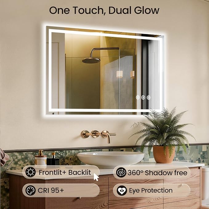 48x36 LED Bathroom Mirror with Anti-Fog, Backlit & Front Lit, Memory | Stepless Dimmable 3 Color CRI 95+ Shatterproof Tempered Glass ETL Listed for Safety Lighted Bathroom Vanity Mirror for Wall