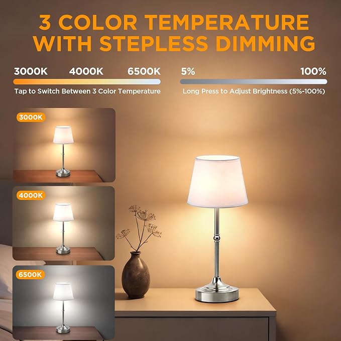 LUTEC Cordless Table Lamp, Battery Operated Lamp with 3 Color Temps and Stepless Dimming, 5200mAh Portable Rechargeable Table Lamp for Restaurant/Bedroom/Bars/Outdoor (Silver)
