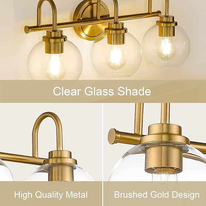 Gold Vanity Light, 3 Light Bathroom Light Fixtures, Modern Bathroom Vanity Lights Fixtures Over Mirror with Clear Glass Globe Shade, Gold Wall Sconces for for Mirror Bathroom Hallway (E26 Base)