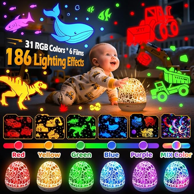 PIKOY Excavator Toys for Boys 3-5【15 Sounds & 6 Films】 Kids Construction Toys Truck Night Light [31 Colors & Remote Control] Dinosaur Egg Light for Nursery Toddler Boys Kids Gifts Easter Eggs Gifts