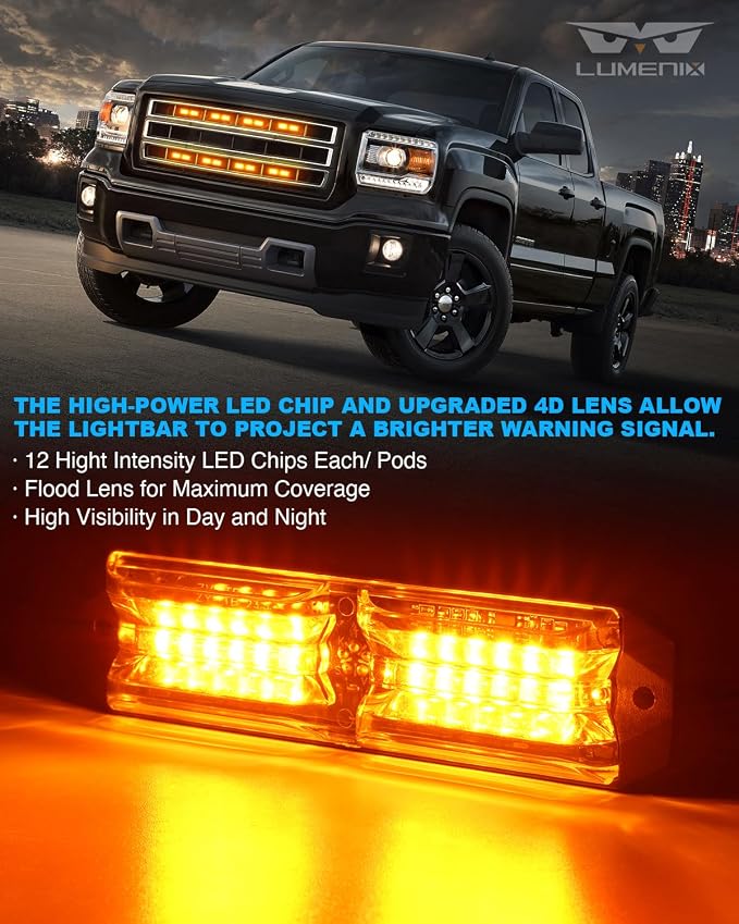 LUMENIX Grille Strobe Lights Kits for Trucks w/Controller, 8PCs High-Intensity LED Deck | Surface Mount Emergency Construction Vehicles Snowplow Side Marker Flashing Warning Light Assemblies - Amber