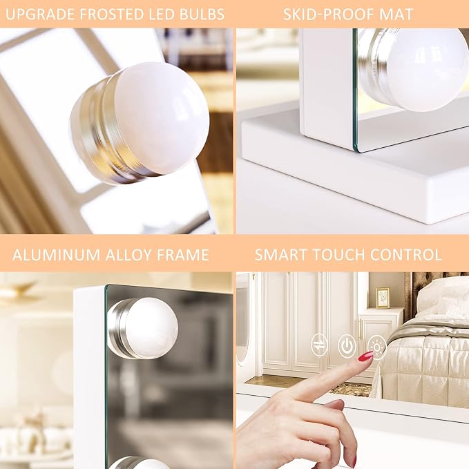 Gvnkvn Vanity Mirror with Lights Lighted Makeup Mirror with 15 Dimmable LED Bulbs,3 Color Lighting Modes,USB Charging Port Touch Control,Sturdy Metal Frame Design 24x18 Inch,White