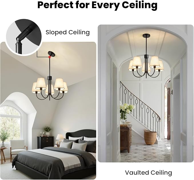 RUIYEY Modern Dining Room Chandelier - 20" 5-Light Black Chandeliers Light Fixture with Fabric Shades, Height Adjustable Mid-Century Pendant Lighting Over Table for Bedroom Living Room Kitchen Island