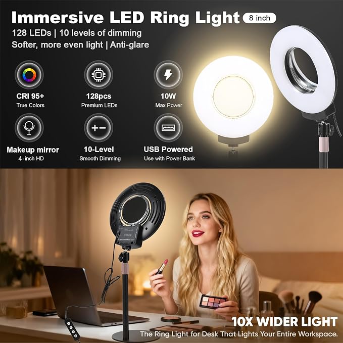 Desk Ring Light with Stand,and HD Makeup Mirror for Zoom Lighting | 10W,30 Light Modes Makeup selfie light and Phone Holder,for Live Streaming,Makeup,Video ,Zoom call,Vlogging,TikTok,CRI 95+