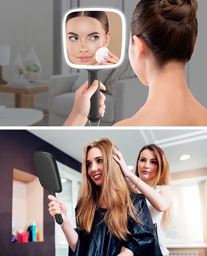 Famihomii Hand Mirror with 3 Light Color & Dimmable, Lighted Handheld Mirror, Lightweight & Durable, Portable & Hangable for Makeup Application, Hair Styling, Shaving, Battery Operated