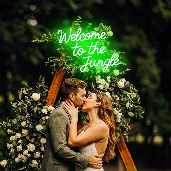 Welcome to the Jungle Neon Sign Green Jungle Decor Dimmable Rainforest Sign | LED Jungle Letter Lights for Rainforest Party,Classroom,Nursery,Home Entryway,Room,Garden Front Porch Decoration, USB Powered