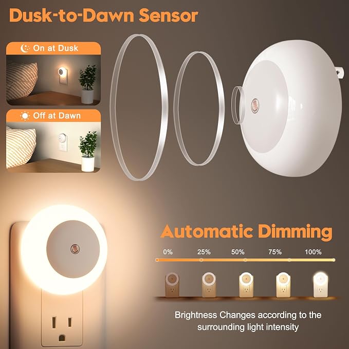fesnne Night Light, Night Lights Plug into Wall, Dusk to Dawn Sensor Warm White Led Night Light 0.5W, 2 Pack Nightlight for Adults, Bedroom, Bathroom, Hallway, Kitchen