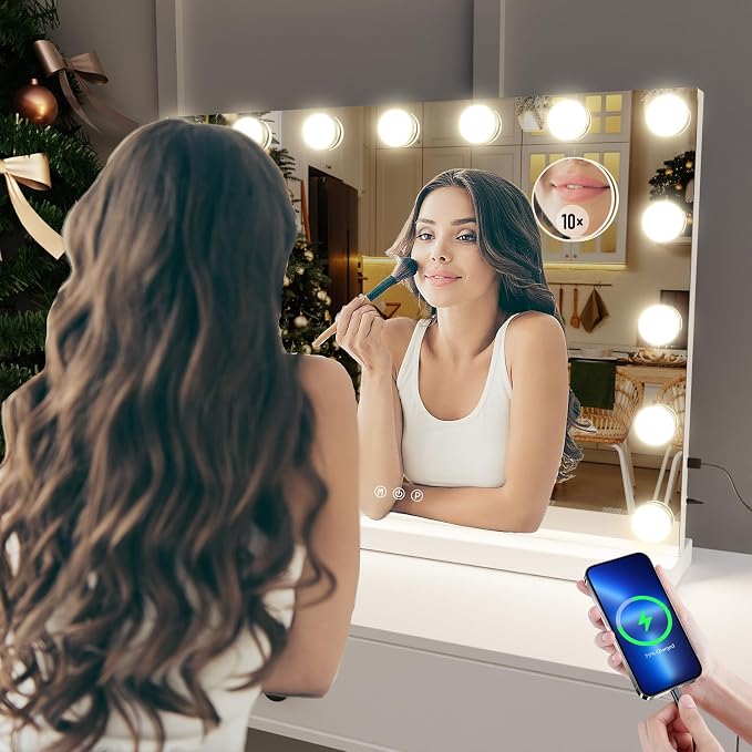 Gvnkvn Vanity Mirror with Lights Lighted Makeup Mirror with 15 Dimmable LED Bulbs,3 Color Lighting Modes,USB Charging Port Touch Control,Sturdy Metal Frame Design 24x18 Inch,White