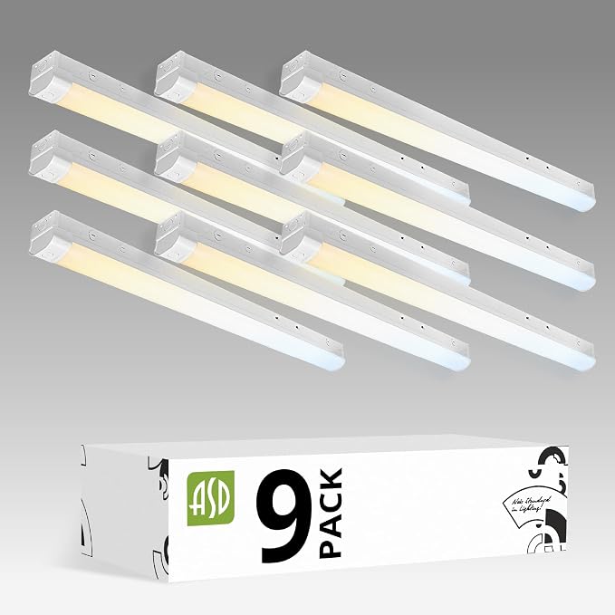 ASD 4ft LED Linear Strip Light Fixture with Q-Base | UL DLC Stairwell Certified Luminaire 20W-40W 120-277V Linkable LED Shop Light | 3500K-5000K Adjustable Commercial Ceiling Lighting, 9 Pack