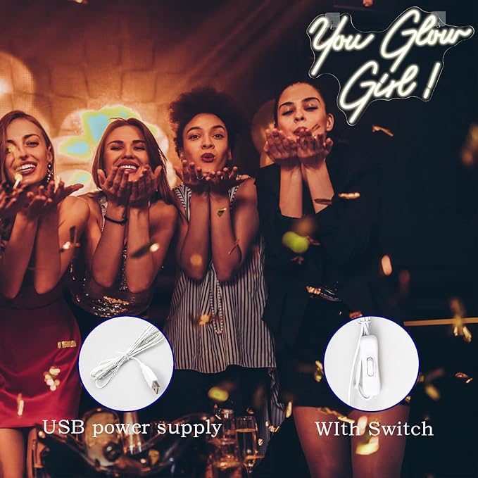 You Glow Girl Neon Sign Led Warm White Word Neon Light Up Signs for Wall Decor Usb Letter Neon Lights for Bedroom Home Wedding Birthday Party Girls Gifts
