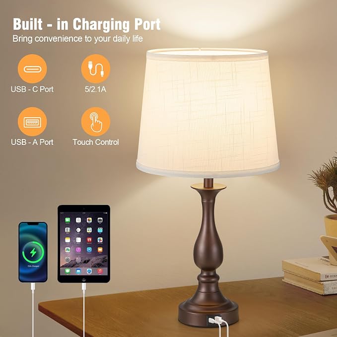 Bedside Table Lamp Touch Control Bedroom Lamps with USB A + C Charging Port 3 Way Dimmable Touch Lamps for Nightstand Living Room Bedroom Dorm Home Office Reading, Set of 2 (White Shade & Brown Base)