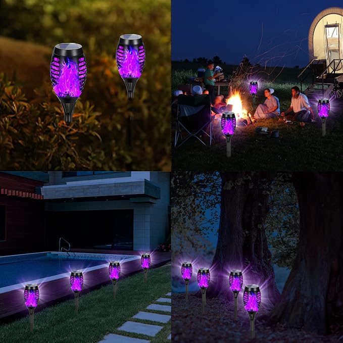 Purple Halloween Solar Lights Outdoor with Flickering Flame, 4 Pack | Halloween Decorations Solar Torch Lights, Waterproof Solar Halloween Lights Tiki Torches for Outside Patio Pathway Yard Decor