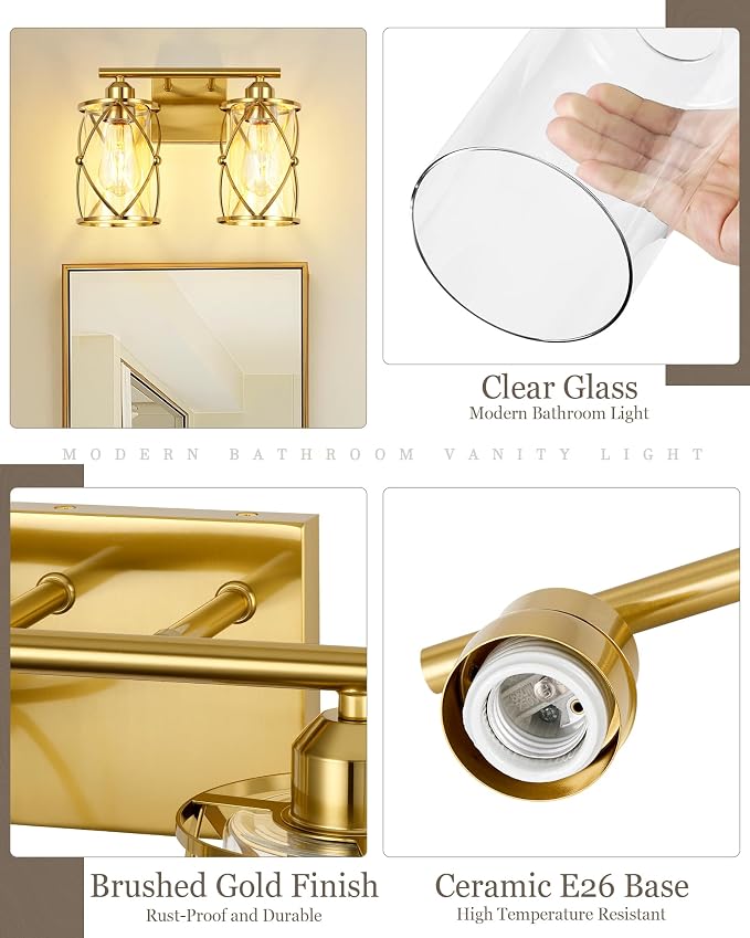 2-Light Brushed Gold Bathroom Light Fixtures, 13.8 Inch Modern Bathroom Vanity Lighting Fixtures Over Mirror with Clear Glass and Metal Cage Wall Sconce Lights for Bath, E26, CH9176BG-2W