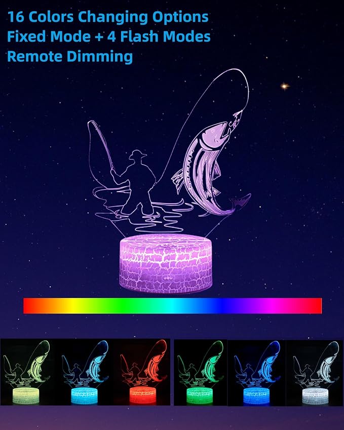 Fish 3D Illusion Lamp, Fishing Gift Night Light, 16 Colors Changing | Dimmable, Touch & Remote Control, Room Bedroom Decor, Birthday Father's Day Christmas for Boy Girl Toy Kid Teenage Men