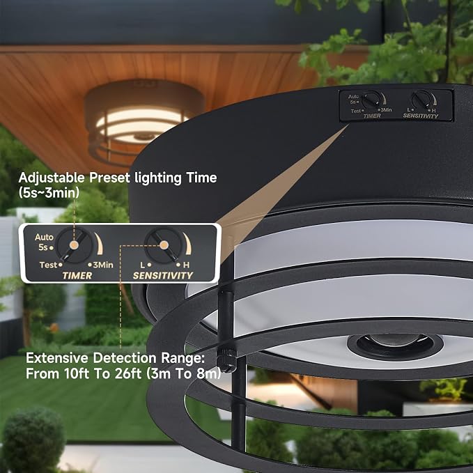 Yisuro Outdoor Ceiling Light with Motion Sensor, Dusk to Dawn Flush Mount Ceiling Light, LED Light, Adjustable Timer & Sensitivity, Exterior Porch Light Fixture for Front Door, Patio, Garage, Black