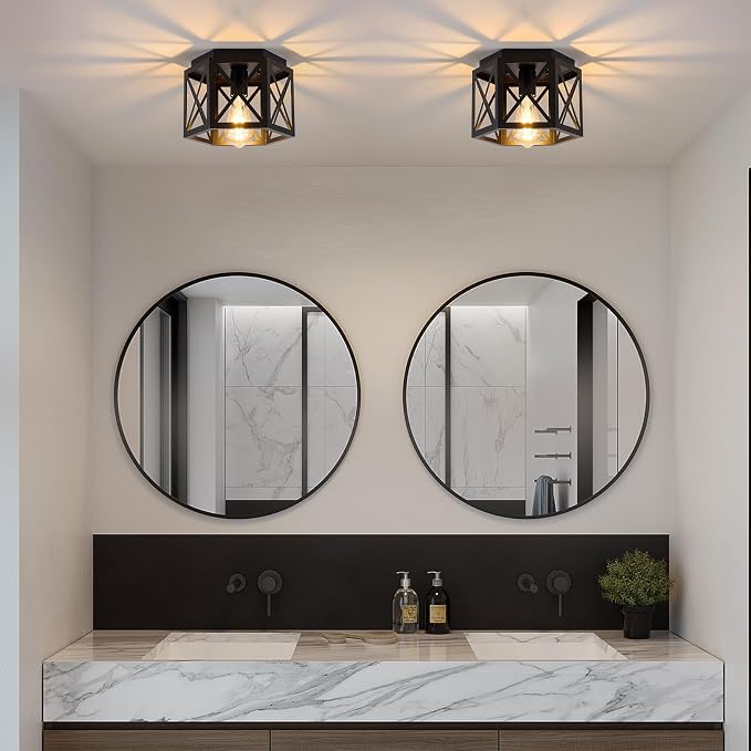 XSDeTu 2 Pack Flush Mount Ceiling Light, 1-Light Black Light Fixtures Ceiling Mount, Small Flush Mount Lamp with Hexagonal Metal Cage, Farmhouse Chandeliers for Hallway Kitchen Sink Entryway Foyer