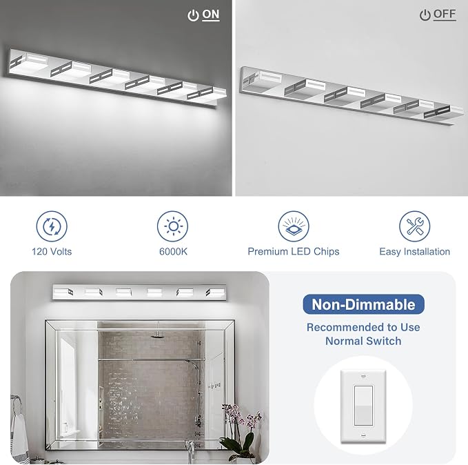 LED Modern Bathroom Light Fixtures, 6-Light 48-Inch Chrome Vanity Lights for Bathroom Lighting Fixtures Over Mirror, 6000K Cool White 350° Rotatable Wall Lamp
