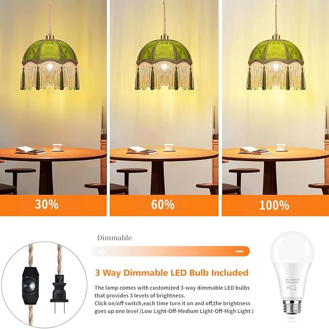 QIYIZM Plug in Pendant Light Boho Hanging Lights with Plug in Cord Fringe Green Hanging Lamp Gold Mid Century Modern Vintage Dimmable Tassel Flower Retro Plug in Chandelier Ceiling Fixture Victorian