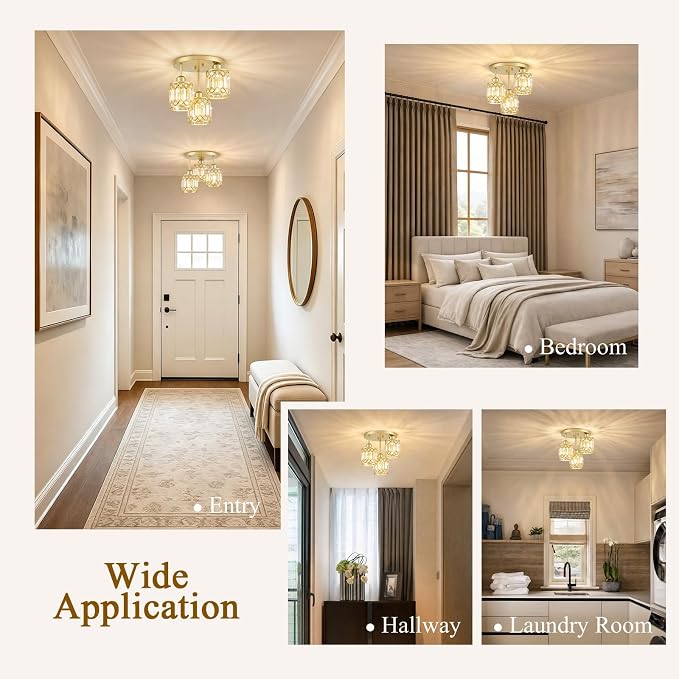 Gold Crystal Ceiling Light Fixture, 3-Light, E26 | Modern Semi Flush Mount Ceiling Light, Kitchen Lighting Fixtures Ceiling for Hallway Bedroom Bathroom Laundry Room