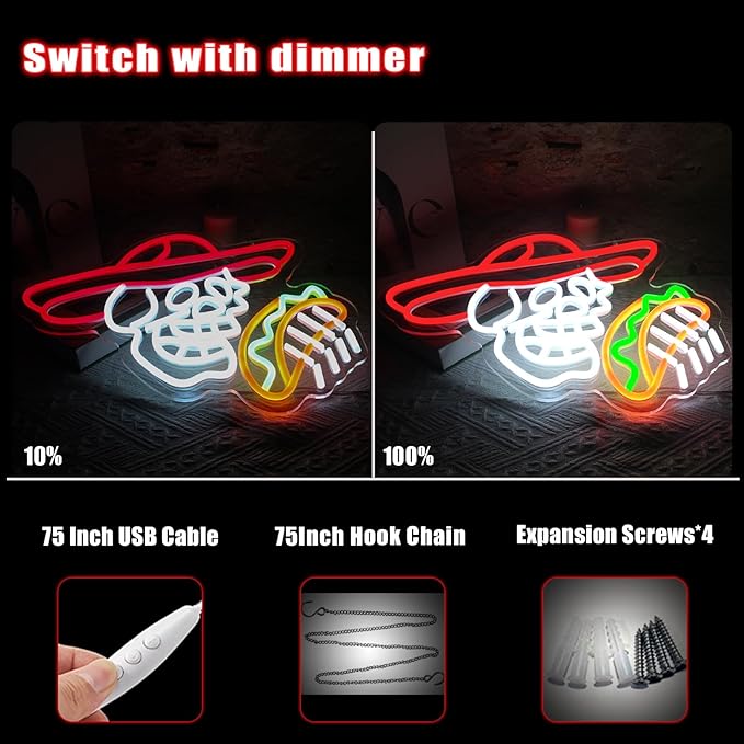 Tacos Skull Neon Sign for Man Room Decor Funny Mexican Tacos Led Light Up Sign for Wall Decor Corn Skeleton Neon Signs for Boys led sign for Party Bar Club Restaurant Man Cave Wall Art Birthday Gift