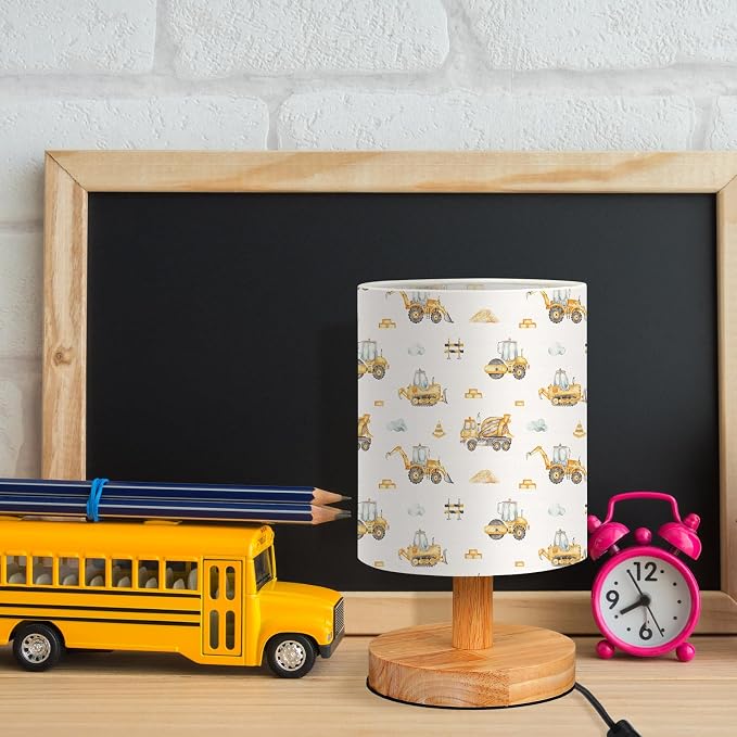 Car Kids Table Lamp for Bedroom Kids Bedside Lamp with Linen Wooden Nightstand Cartoon Nursery Lampshade for Girls Boys Living Room