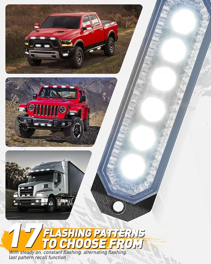 HLauto 406T Emergency Strobe Grille Lights: 4Pcs 6 LED Sync Feature Safety Warning Flashing Light, 12V-24V Ultra Slim Surface Mount Hazard Caution Light for Truck, Vehicle, Car, ATV, UTV (White)