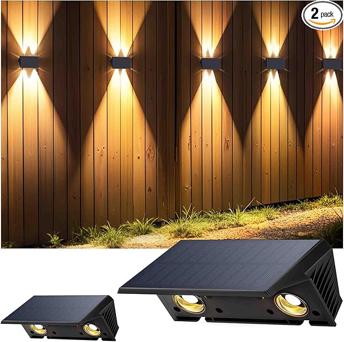 Fence Lights Solar Powered, 2-Pack Solar Fence Lights Up/Down Flexible Buttons, IP67 Waterproof for Outdoor, 100LM Bright, Auto Dusk to Dawn for Wall/Stairs/Yard/Railing/Deck/Pathway (Warm White)