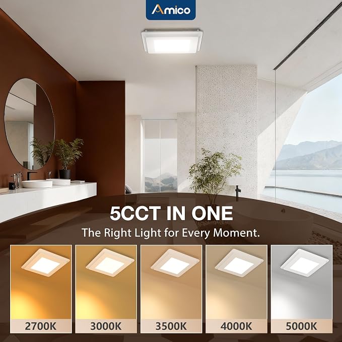 Amico Bathroom Exhaust Fan with Light, 110CFM, 1.0 Sones, 1000 LM, 5CCT | Easy Install, Ceiling Opening 9.4'' x 9.4'', Ceiling Mount Shower Bathroom Fan, Household Ventilation Fan, ETL & FCC