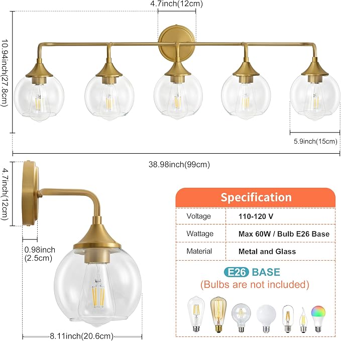 Farmhouse Bathroom Vanity Light Gold 5-Light Vanity Light 39" | Modern Vanity Lighting Fixtures Over Mirror, Thickened Clear Glass Shade, UL E26 Dimmable Vanity Light Fixtures