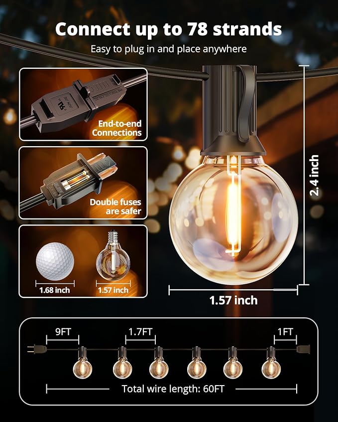 VIPAR Outdoor String Lights,60FT 32 G40 Patio Lights Waterproof for Outside | ETL,Vintage LED Globe Bulbs,Connectable, Shatterproof,Waterproof,2700KDimmable,Plug-in,for Backyard Porch Garden Bistro
