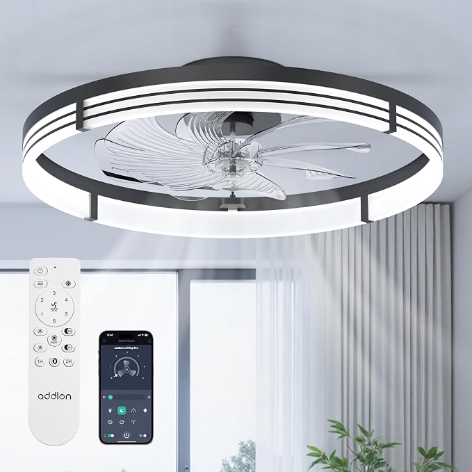 addlon 24" Low Profile Fandelier Ceiling Fans with Lights and Remote, Black | Wider Airflow, 3000-6000K Dimmable LED, 6 Speeds, Reversible DC Motor, Remote and App Control, Memory Function, Timer, Quiet