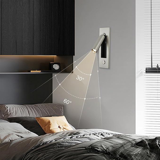 LED Bedroom Lamp Headboard Wall Light Sconce, Bedside Reading Light Recessed Push Switch Wall Lamps, Hotel Bed Side Decorative Wall Sconces Spotlight, 360° Rotatable 92° Foldable (Sand Nickel)
