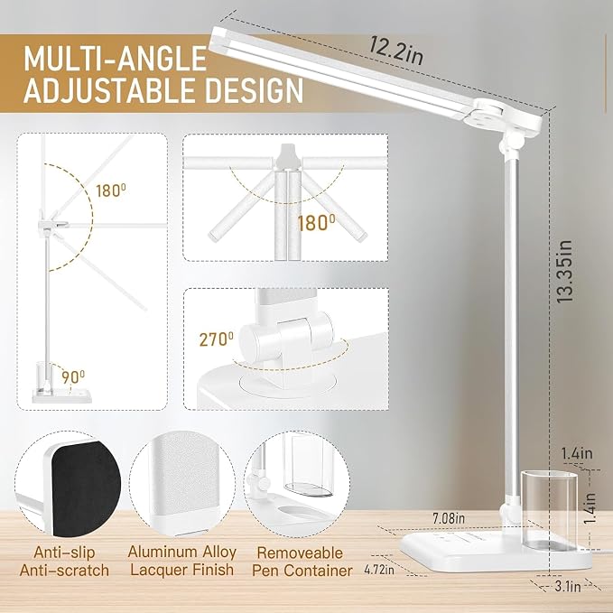 LED Desk Lamp for Home Office Desk Light Table Lamp 50 Lighting Modes Timer | Eye-Caring Desk Lamp with USB Adapter, Foldable Dual Swing Arm Architect for Reading, Study, Workbench