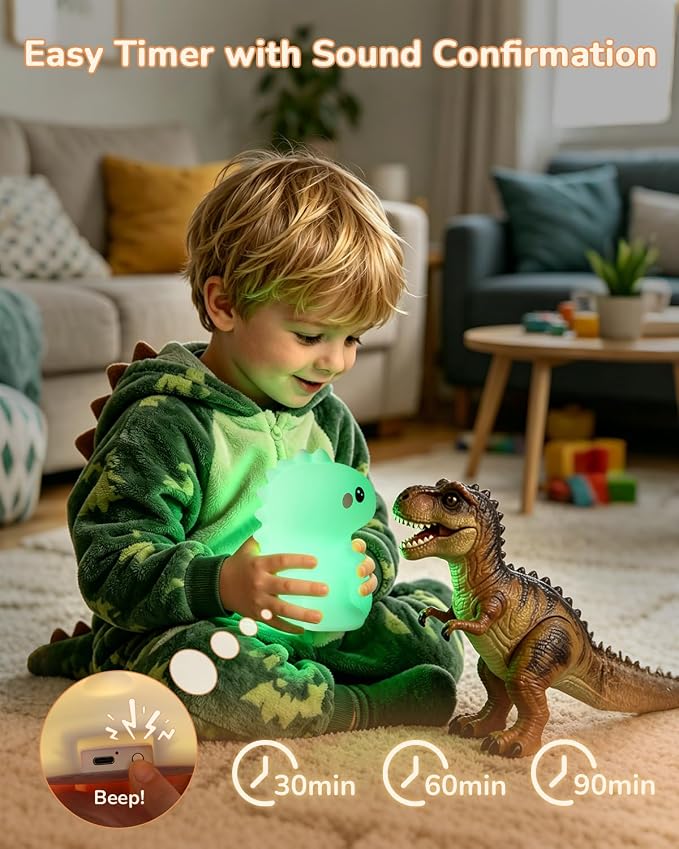 Night Light for Kids, LED Dinosaurs Squishy Animal Lamp for Baby, Soft Silicone Dimmable Touch Light with Timer, Battery Rechargeable Nightlight Boys Gifts Cute Room Decor 4.80 x 4.80 x 6.10 in