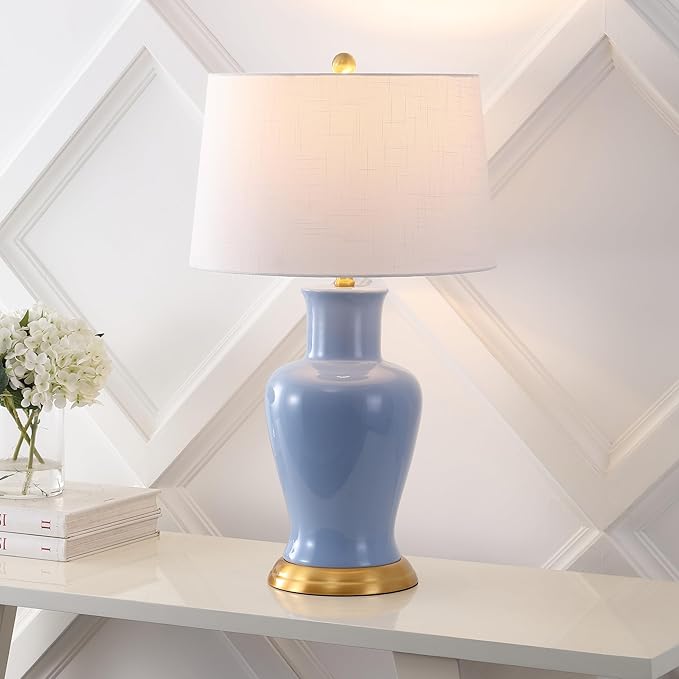 JONATHAN Y 29" Blue Traditional Ceramic Urn LED Table Lamp for Bedroom Decor, White Linen Drum Shade, Classic Nightstand Lamp for Living Room, LED Bulb Included (JYL4026E)