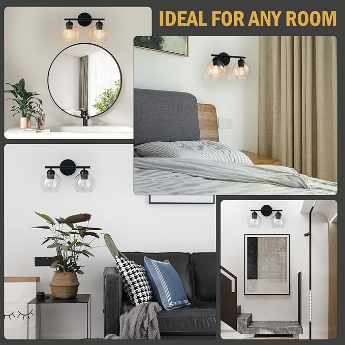Black Bathroom Light Fixtures, 2 Light Bathroom Vanity Light with Globe Glass Shades, Modern Farmhouse Vanity Lights Over Mirror, Matte Black Wall Lights for Bedroom Restroom, E26 Socket
