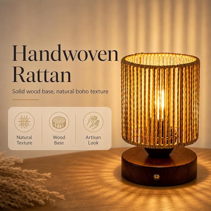 Cordless Rattan Table Lamp, 5000mAh Rechargeable Battery Operated Bedside Lamp with Edison Bulb, Stepless Dimmable Boho Cylinder Desk Light for Bedroom Living Room