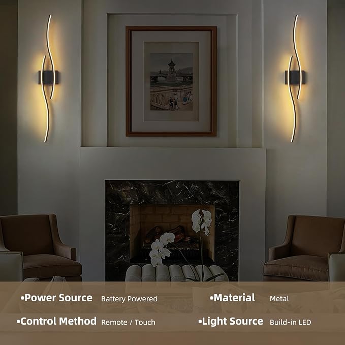 Battery Operated Wall Sconce Set of 2, Dimmable Modern LED Wireless Wall Light with Remote Control, Sconce Wall Decor for Living Room, Hallway, Quick Install, No Electrician Required