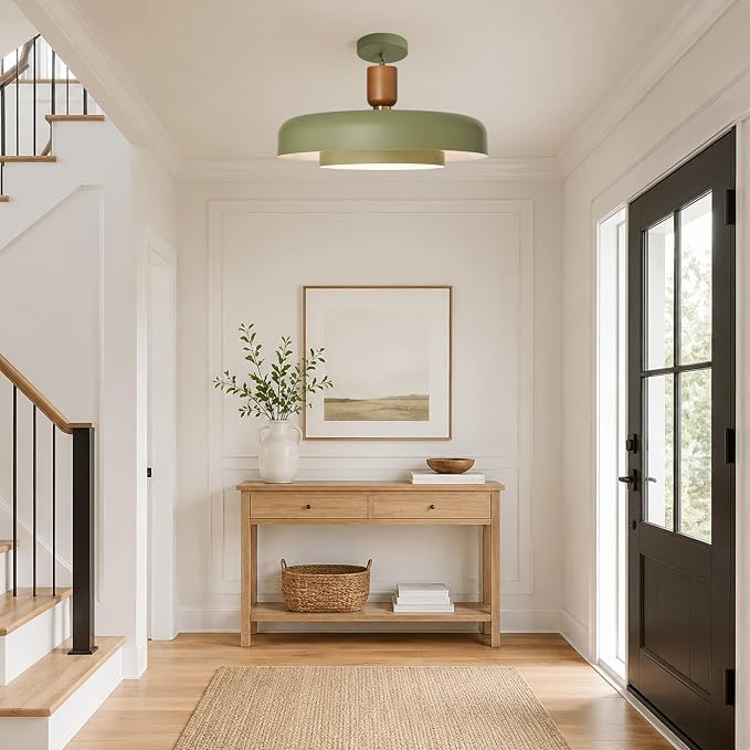 Mid Century Green Pendant Light: 20" 2-Tiered Lighting Over Kitchen Island | Wood Brushed Brass Hanging Ceiling Light, Modern Nordic Metal Pendant Light, For Dining Room Sink Bedroom Hallway Entryway
