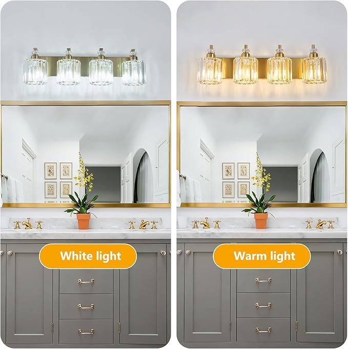 4-Light Brushed Brass Bathroom Light Fixtures Modern Vanity Lights Over Mirror Gold Bathroom Vanity Lighting with Crystal Shade E26 Base Wall Sconce for Bedroom Living Room Restroom Wall Lamp