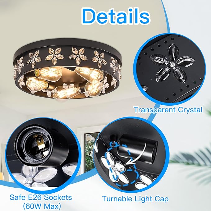 15.7 inch Black Flush Mount Ceiling Light Fixture | 5-Light, Industrial, Farmhouse, Bedroom, Living Room, Kitchen, Hallway, Foyer