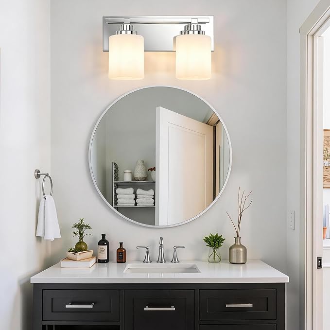Modern Bathroom Lighting Fixtures Over Mirror, Vanity Lights for Bathroom, Wall Sconces with Milky White Glass Shades, E26 Ceramic Socket, 2-Light 14-inch Chrome