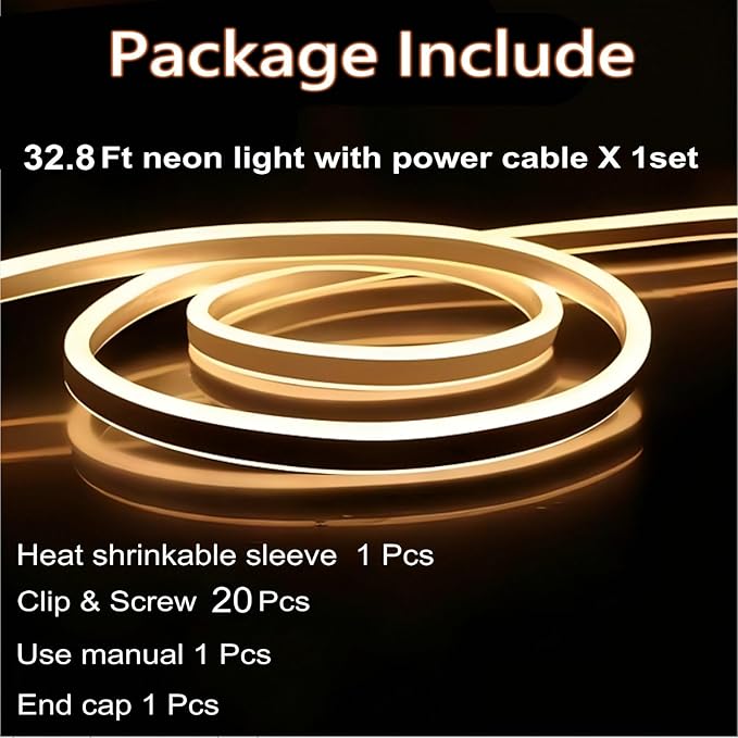 FORT LED Neon Rope Lights 32.8FT 10M 120V AC Plug-in LED Strip Lights Connectable Waterproof Led Light Strip for Indoor/Outdoor Use, Warm White Neon Lights for Party Wedding Home Decoration ETL