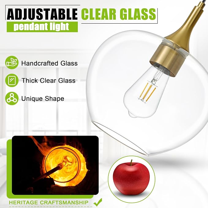 9.45in Black Gold Pendant Lights Kitchen Island with Clear Glass Shade 1PC | Handcrafted Glass Pendant Light Fixtures, UL Certified, E26 Base 100W Max, Height-Adjustable, Dimmable Hanging Pendant Light