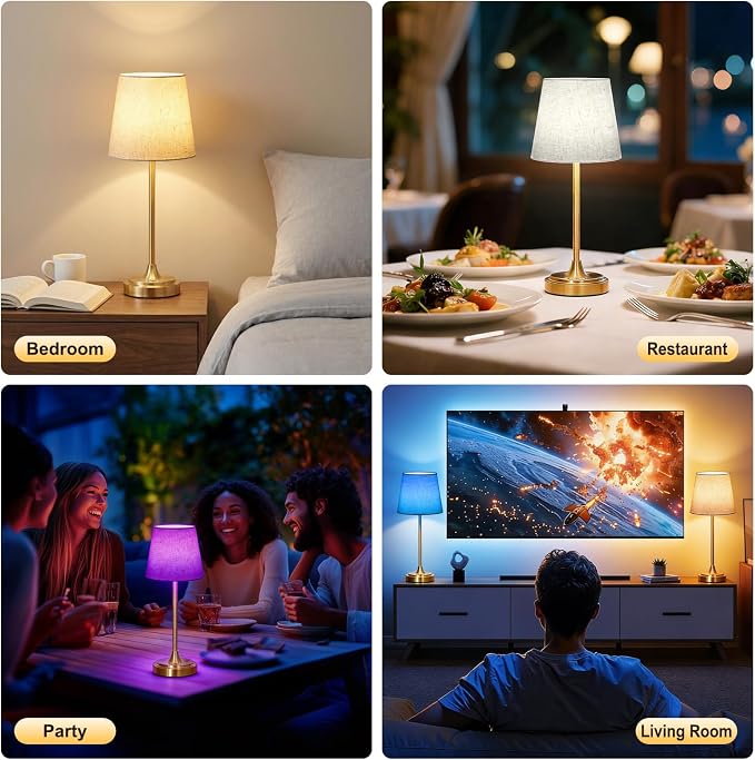Wowag Cordless Table Lamp Rechargeable,5000mAh Battery Operated Desk Lamp,3 Colors & 7 RGB Stepless Dimmable,Touch Control Ambient Light for Bedside,Bedroom,Dining Room,Living Room,Gold,FlaxenShade