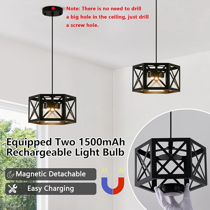 XSDeTu 2 Pack Rechargeable Battery Operated Pendant Lights, Modern Farmhouse Battery Powered Hanging Light, 3 Colors Dimmable Metal Ceiling Lights, Adjustable Black Pendant Lighting for Kitchen island