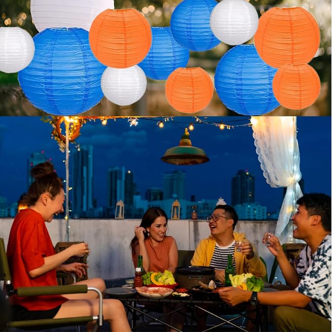 12Pcs Paper Lanterns 6”, 8”, 10”, 12”,Paperlanterns Party Decoration, Blue Orange White Paper Lanterns for Wedding, Bridal, Birthday, Outdoor, Home, Garden, Holiday and Party.