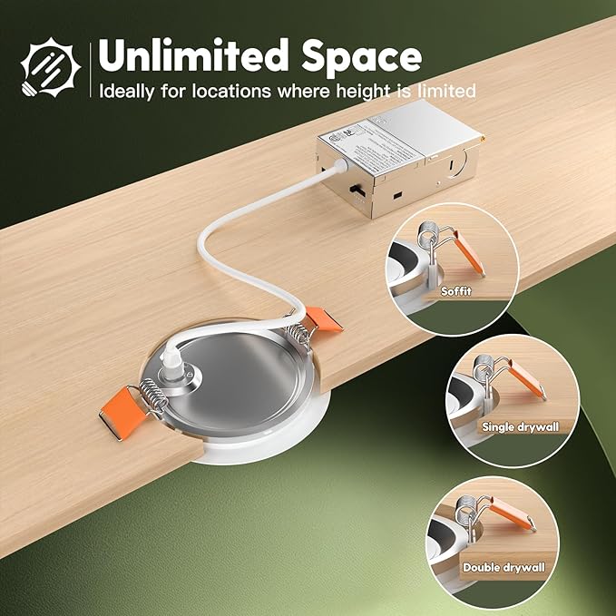 FREELICHT 48 Pack 4 Inch LED Recessed Light with Junction Box, 5CCT, 700LM | 10W, 2700K-5000K Selectable, 5%-100% Dimmable, 120V, White, Ultra-Thin Canless Wafer Downlight, ETL, FCC, IC & Damp Rated